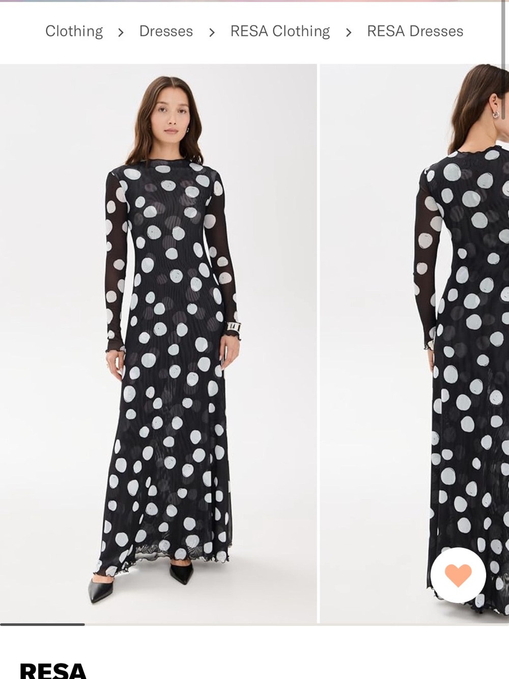 RESA Lyon Black Maxi Dress with White Polka Dots, Long Sheer Sleeves